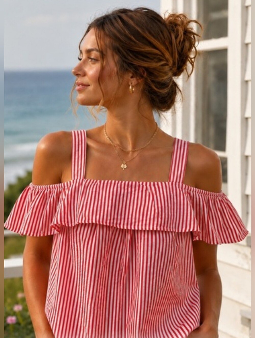 Crown & Ivy Pink and White Striped Ruffle Camisole Blouse - Size Large